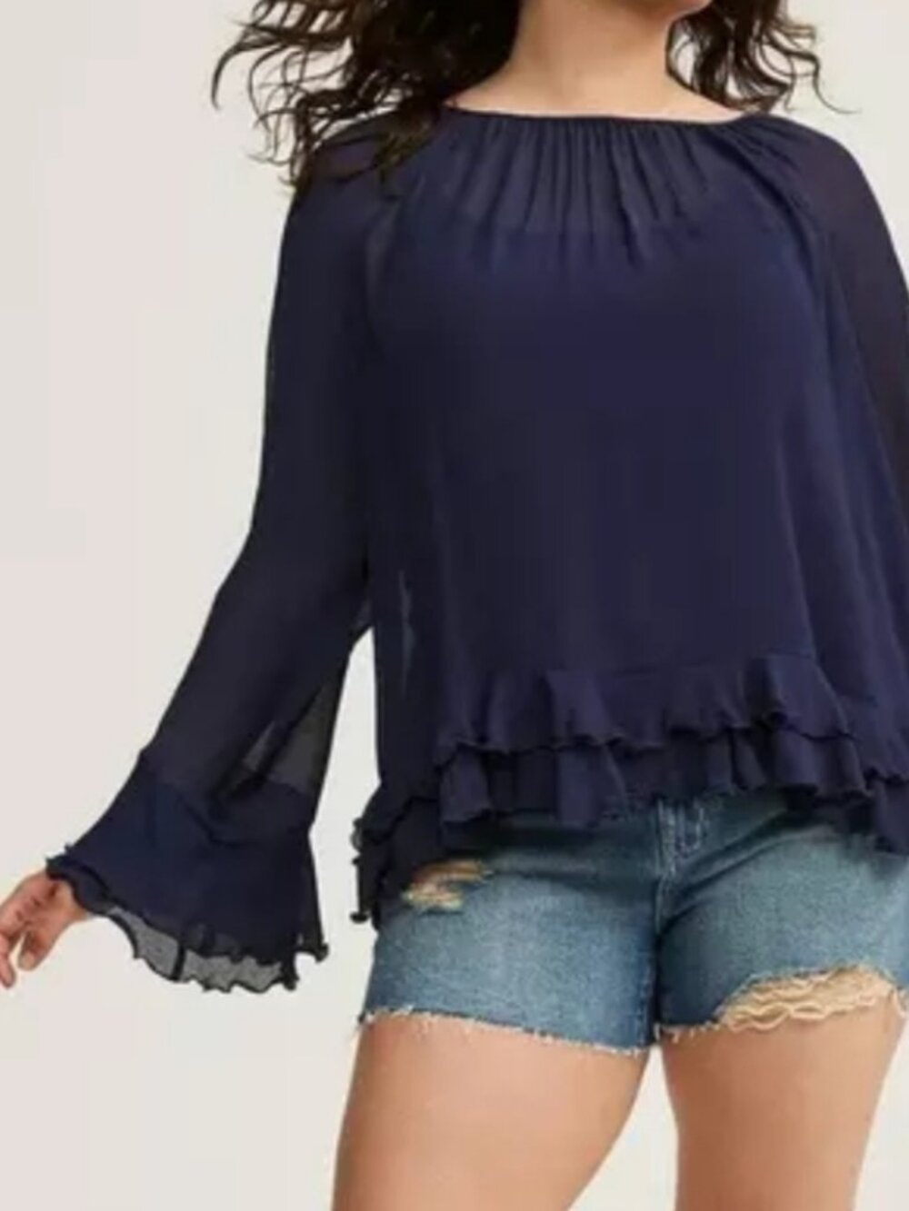 Torrid Brand Women's size 2 NWT Chiffon Ruffle Drama Sleeve Top Navy Blue